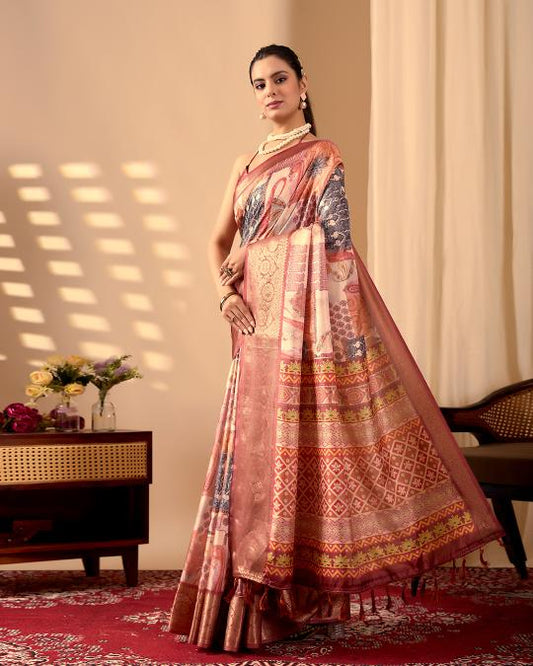 Premium Soft Silk Abstract Printed Saree with Rich Rose Gold Zari Woven Border