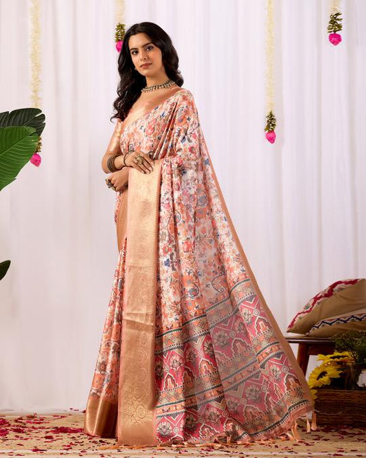 Premium Soft Silk Floral Printed Saree with Rich Gold Zari Woven Border