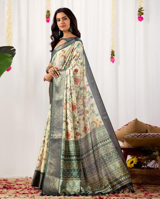 Premium Soft Silk Floral Printed Saree with Rich Antique Silver Zari Woven Border