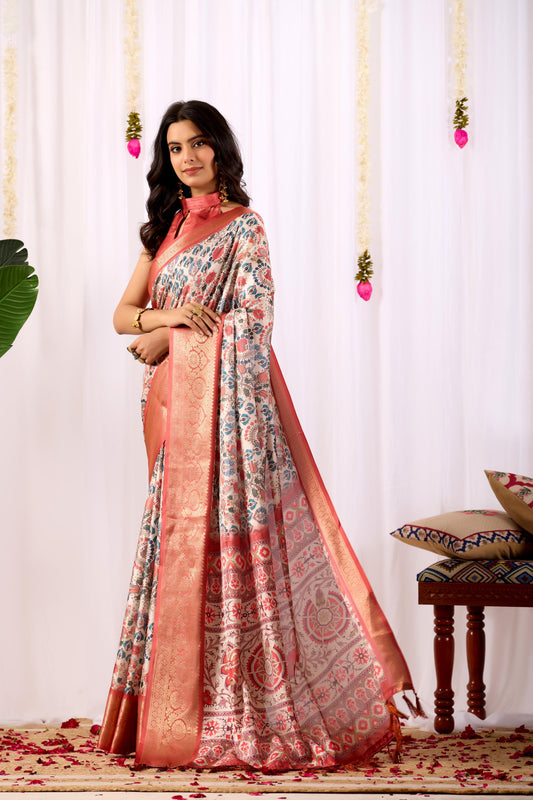 Premium Soft Silk Floral Printed Saree with Rich Copper Zari Woven Border