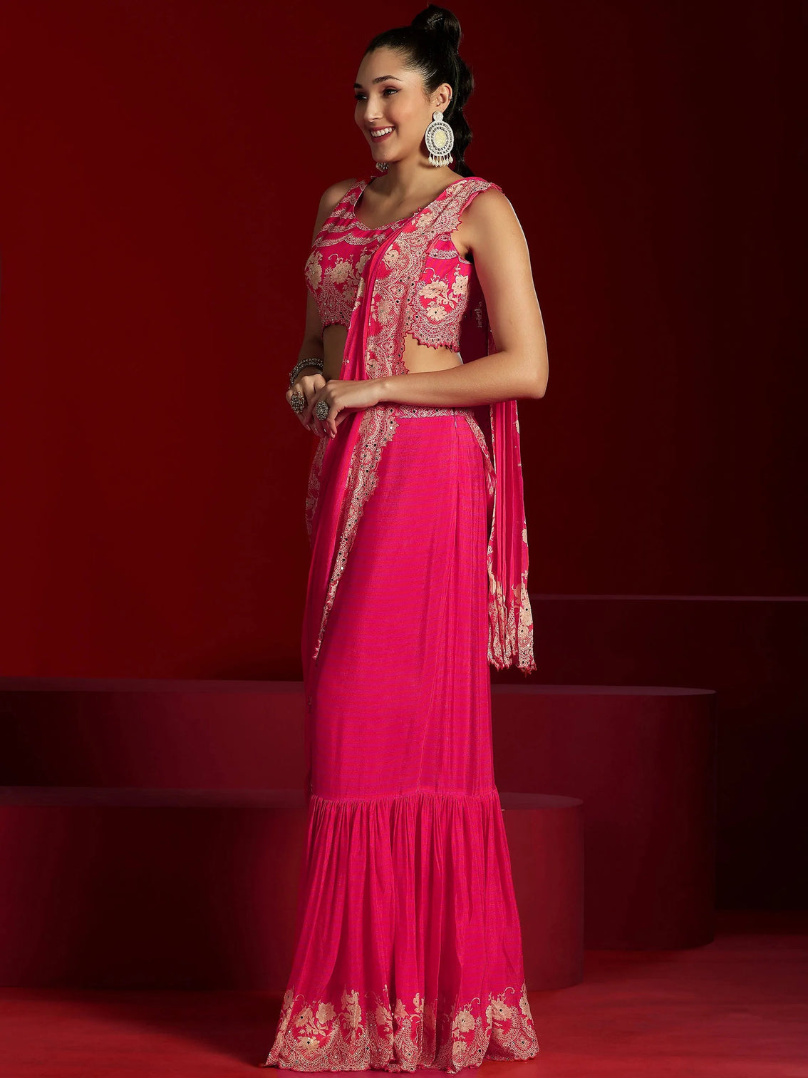 Mameraa Art Pink Embellished Chinnon Saree