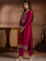 Libas Red Embroidered Silk Blend Straight Suits With Dupatta