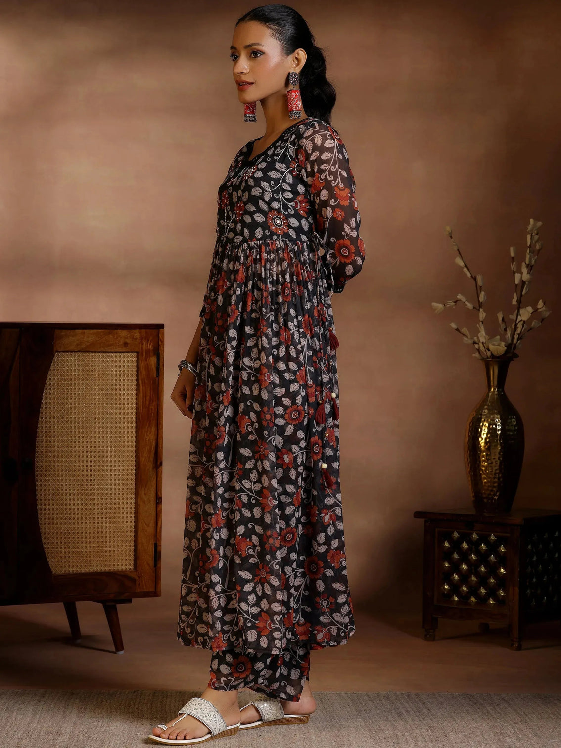 Mameraa Black Printed A-Line Kurta With Palazzos & Dupatta