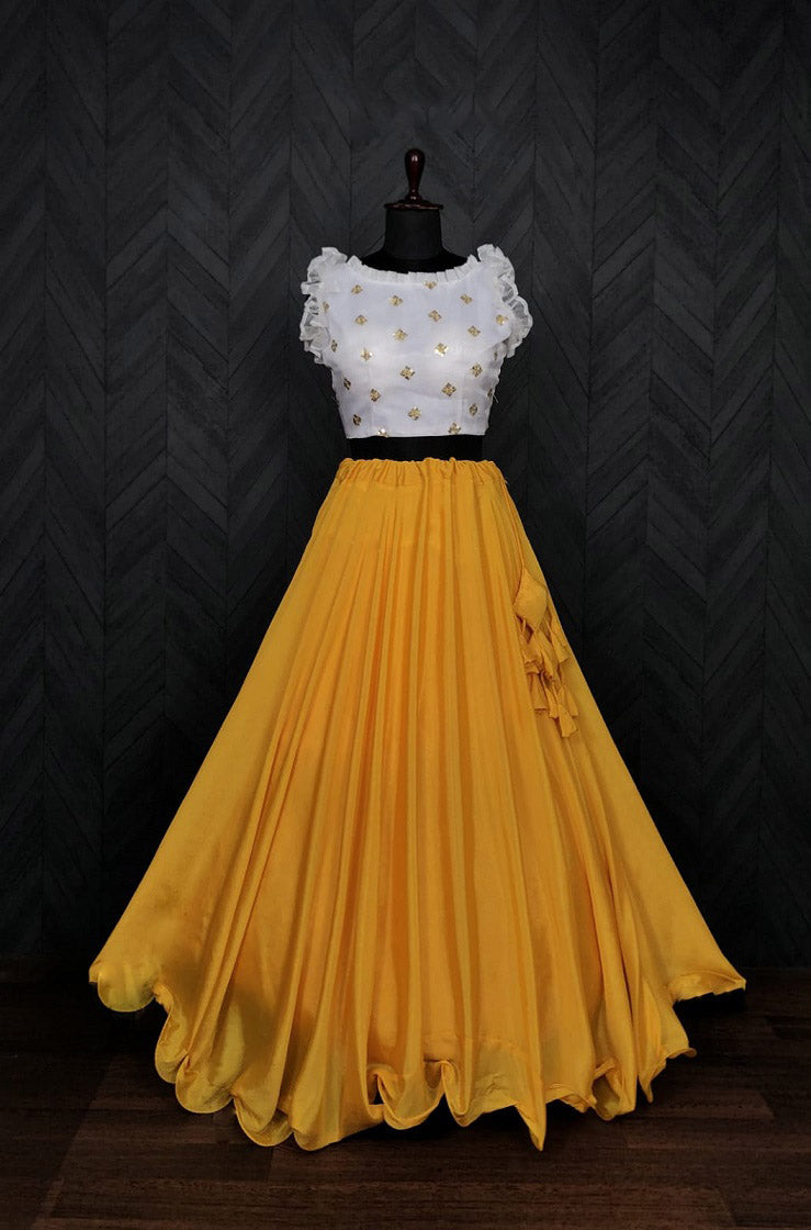 Party Wear Yellow Color Sleeveless Lehenga With Blouse