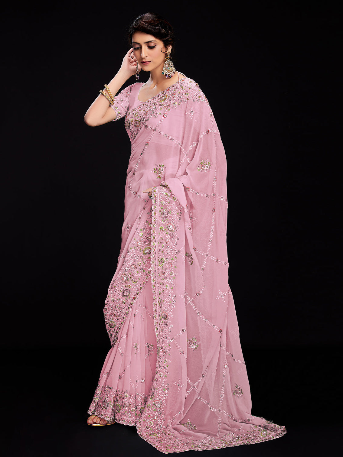 Pink Georgette Embroidered Saree With Unstitched Blouse
