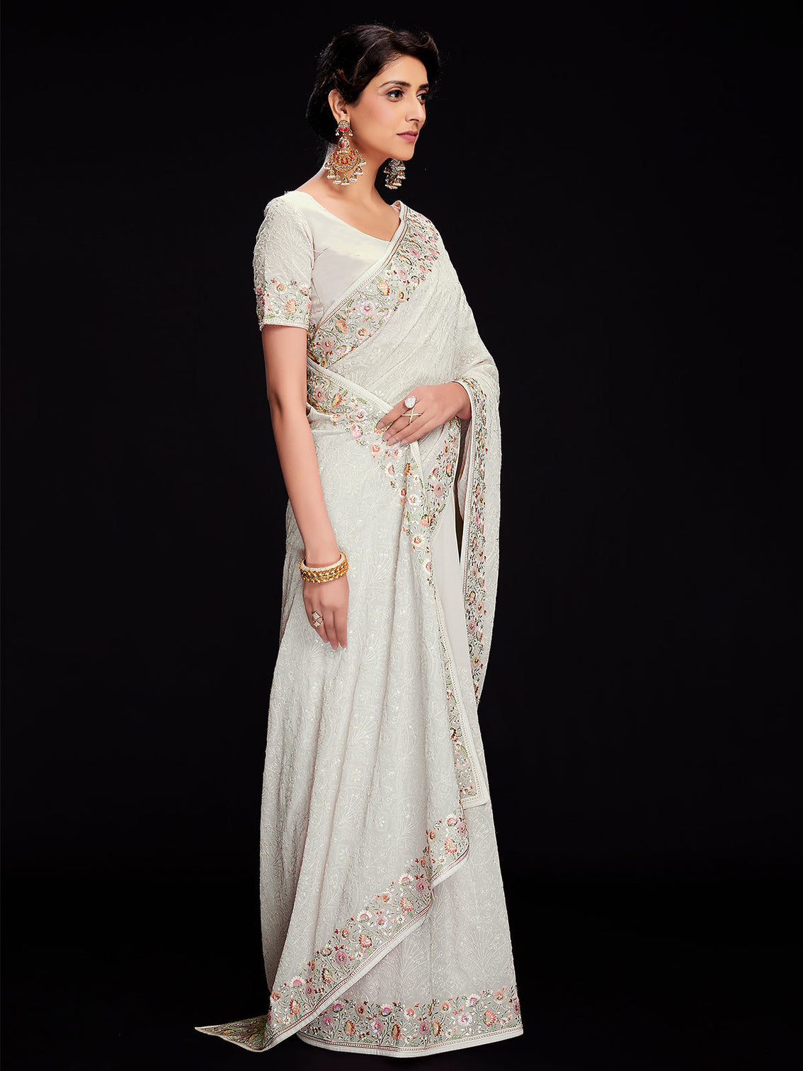 White Georgette Embroidered Saree With Unstitched Blouse