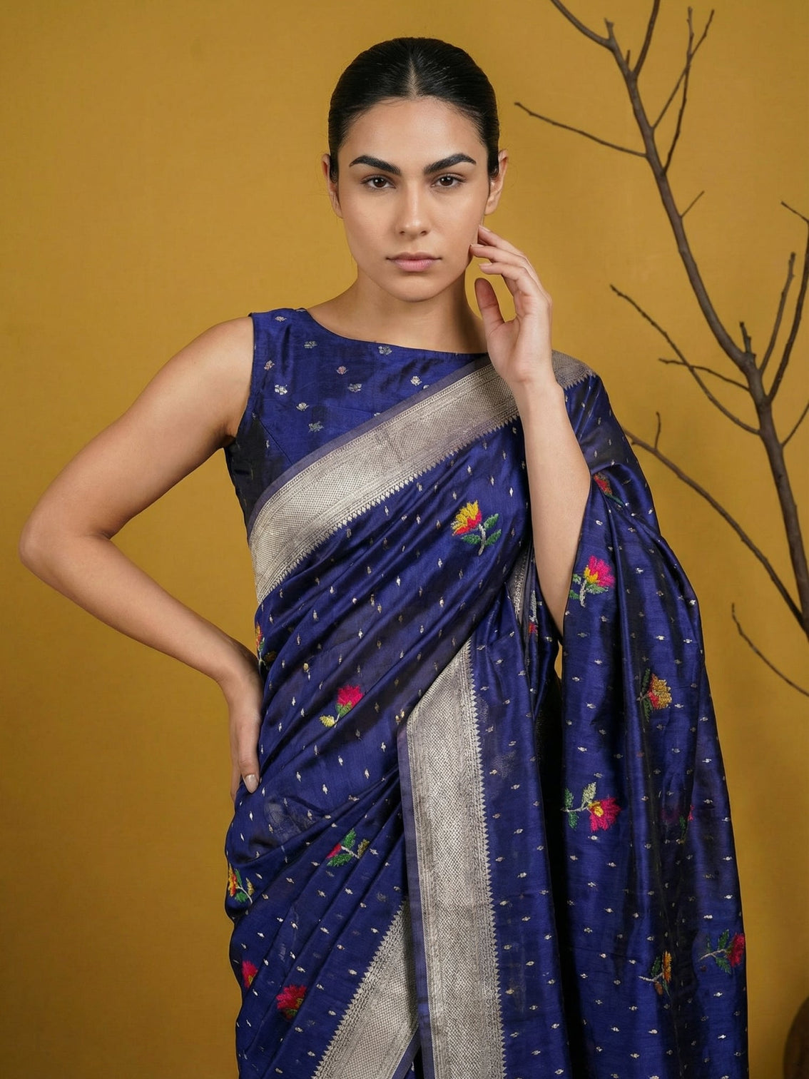 Royal blue soft organza saree with meenakari weaving jamdani pallu