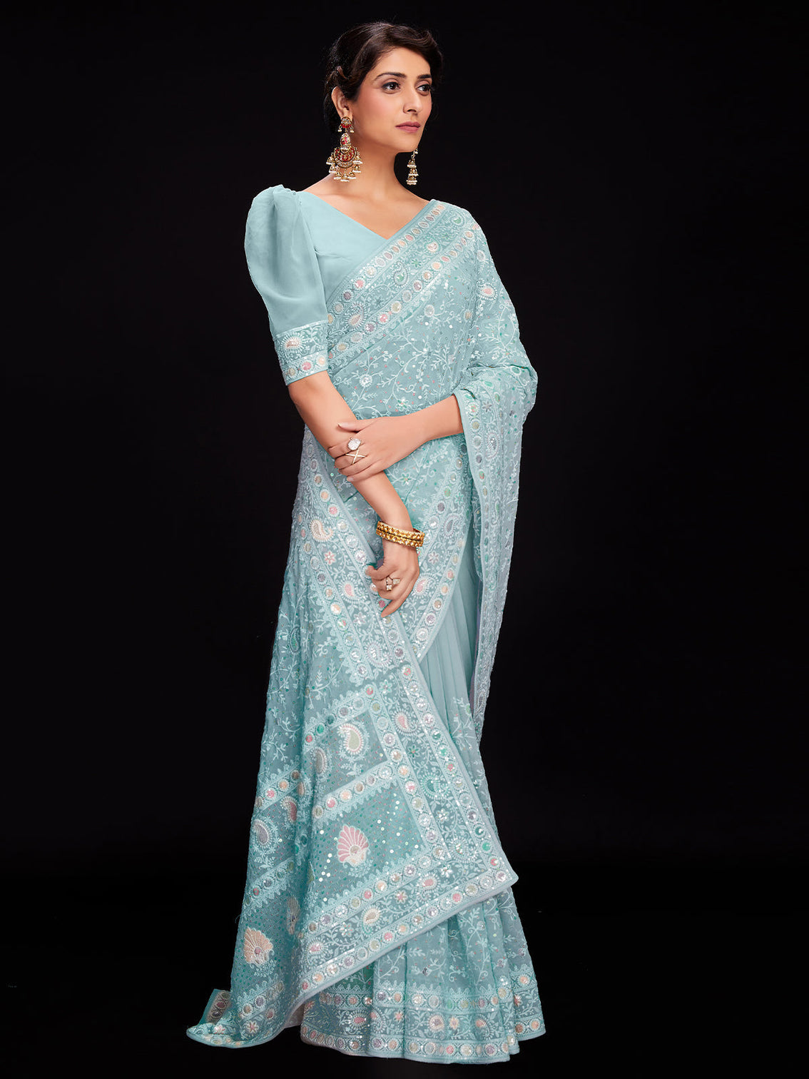 Blue Georgette Embroidered Saree With Unstitched Blouse