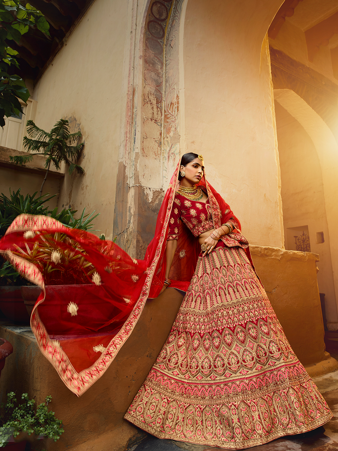 Red Embroidered Velvet Semi Stitched Lehenga With Unstitched Blouse