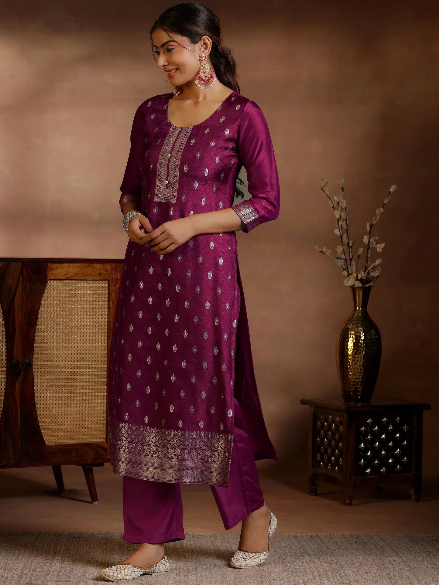 Libas Burgundy Woven Design Silk Blend Straight Suit With Dupatta