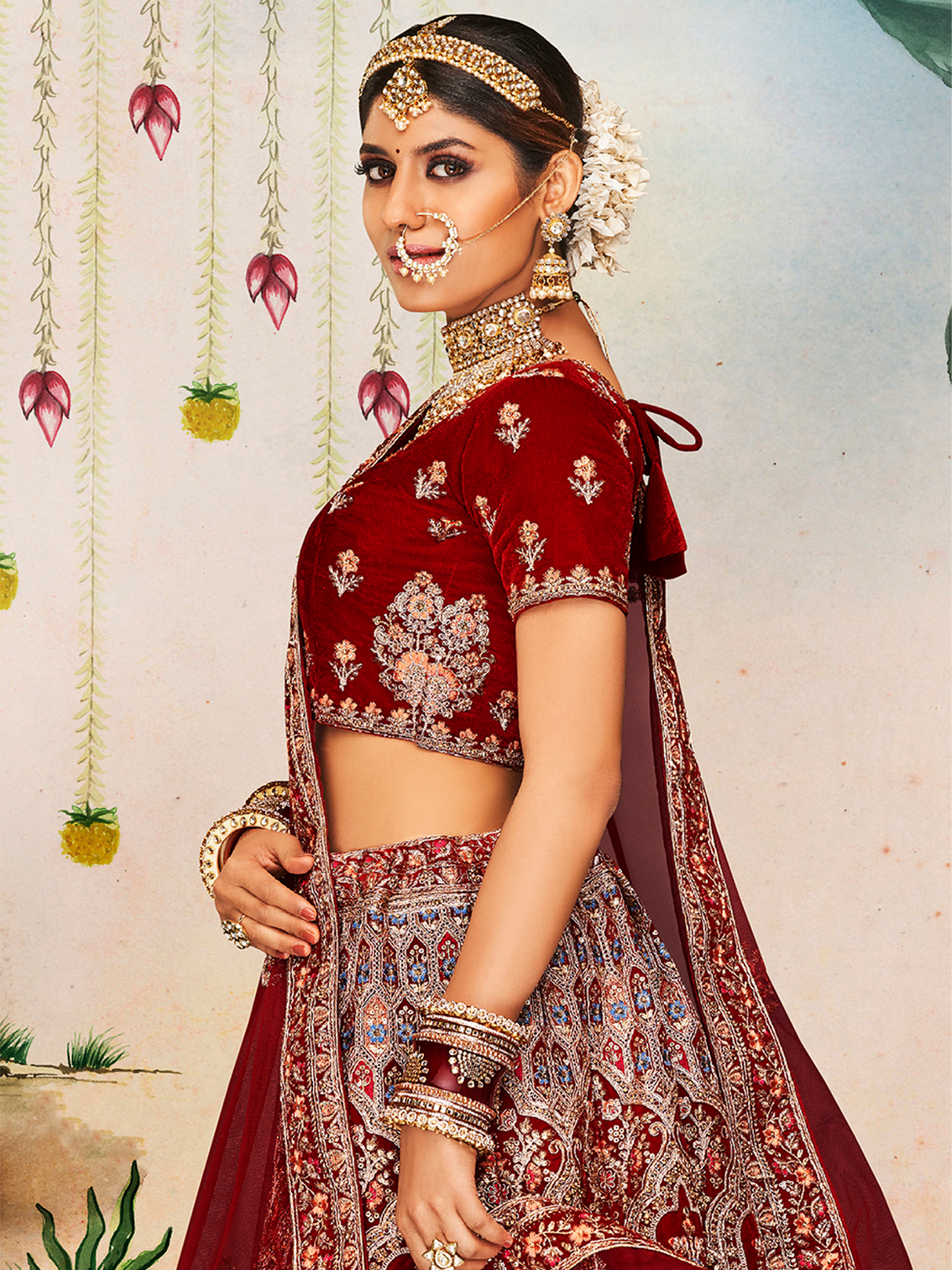 Maroon Velvet Semi Stitched Lehenga With Unstitched Blouse