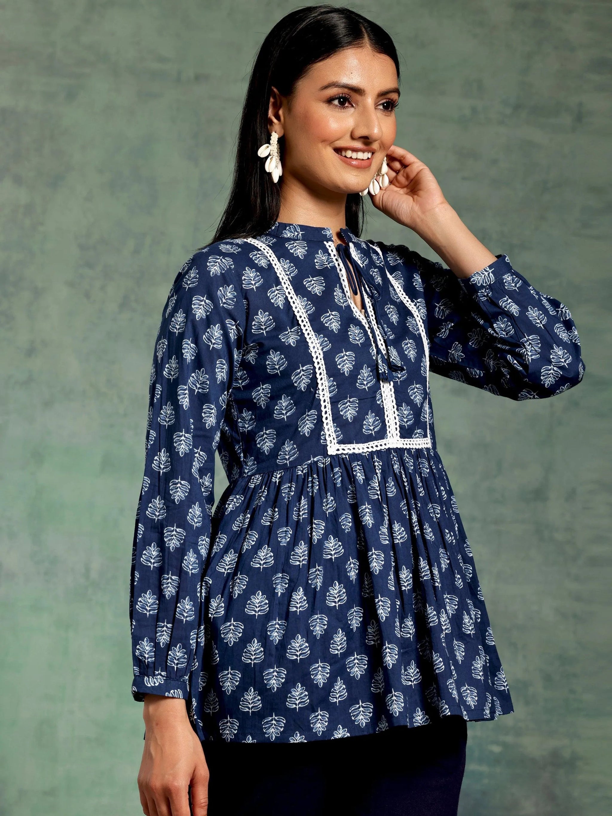 Libas Blue Yoke Design Cotton A-Line Kurti