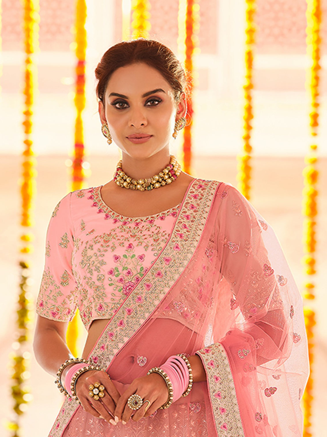 Pink Georgette Semi Stitched Lehenga With Unstitched Blouse