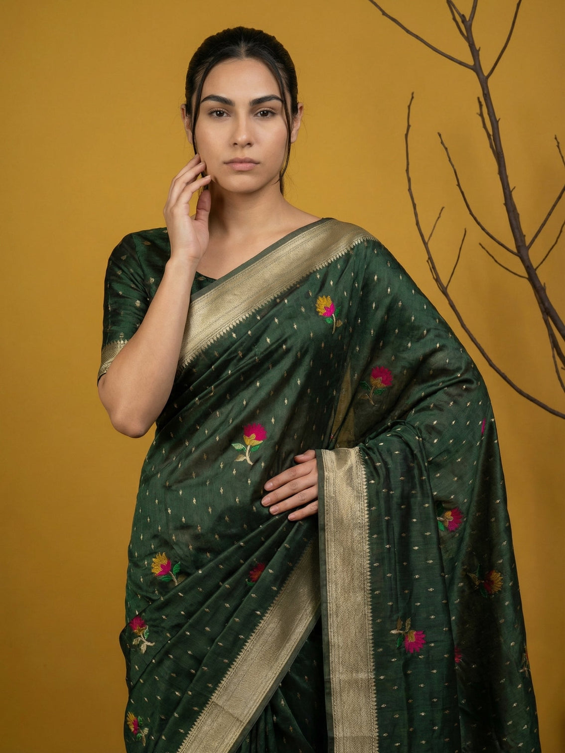 Elegant soft organza saree with meenakari weaving jamdani pallu