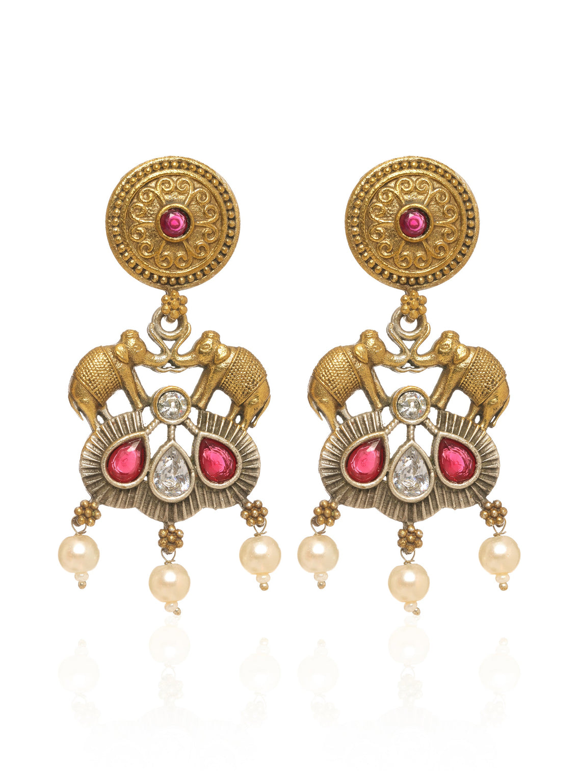 Mameraa Antique Gold Elephant Motif Pearl Drop Earrings