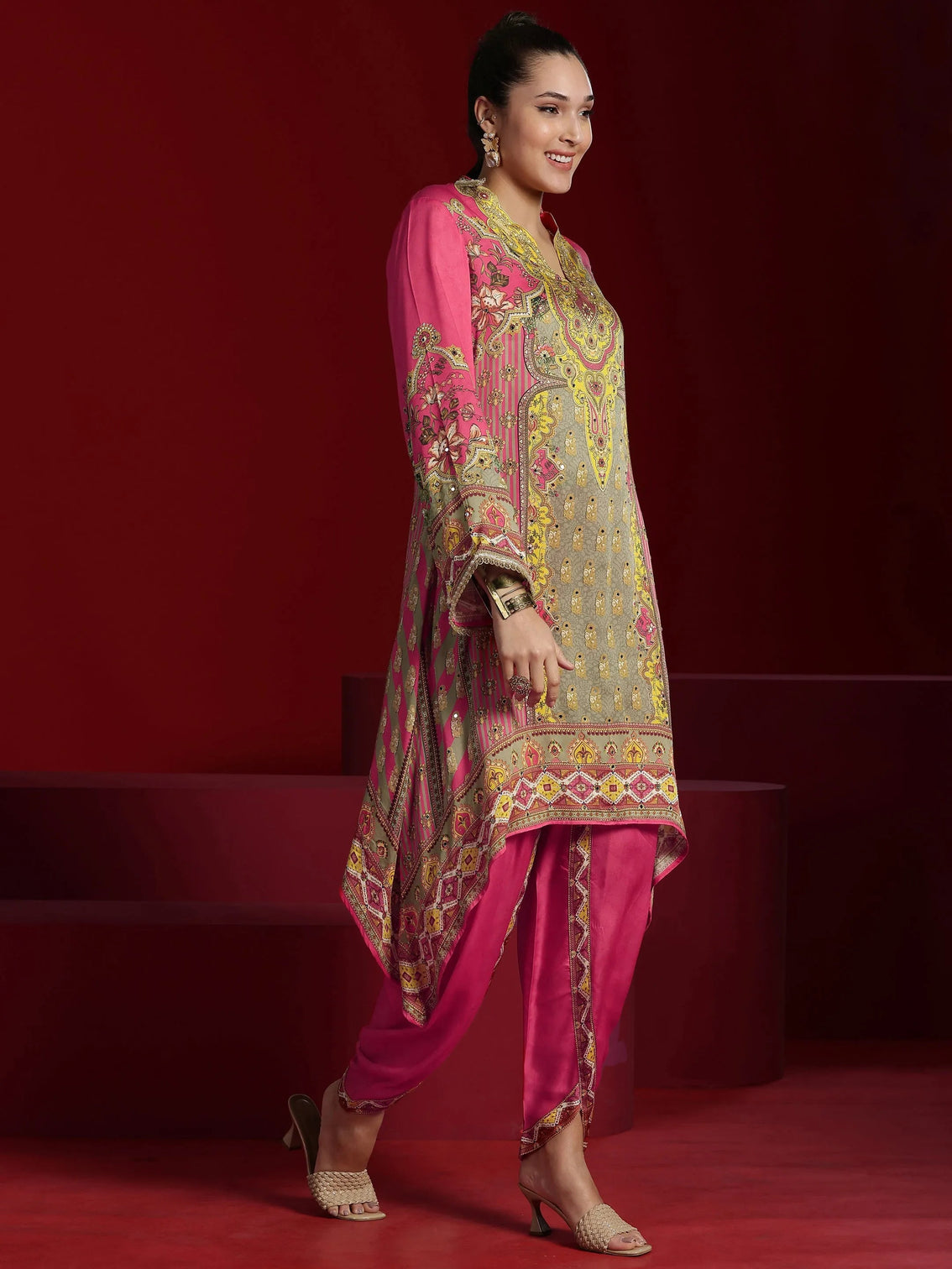 Mameraa Art Coral Printed Silk Blend Straight Kurta Dhoti Pants