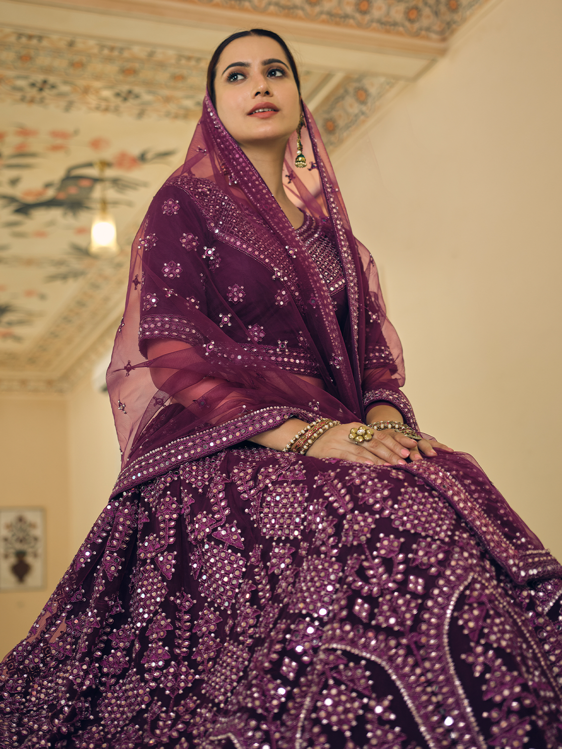 Purple Soft Net Semi Stitched Lehenga With Unstitched Blouse