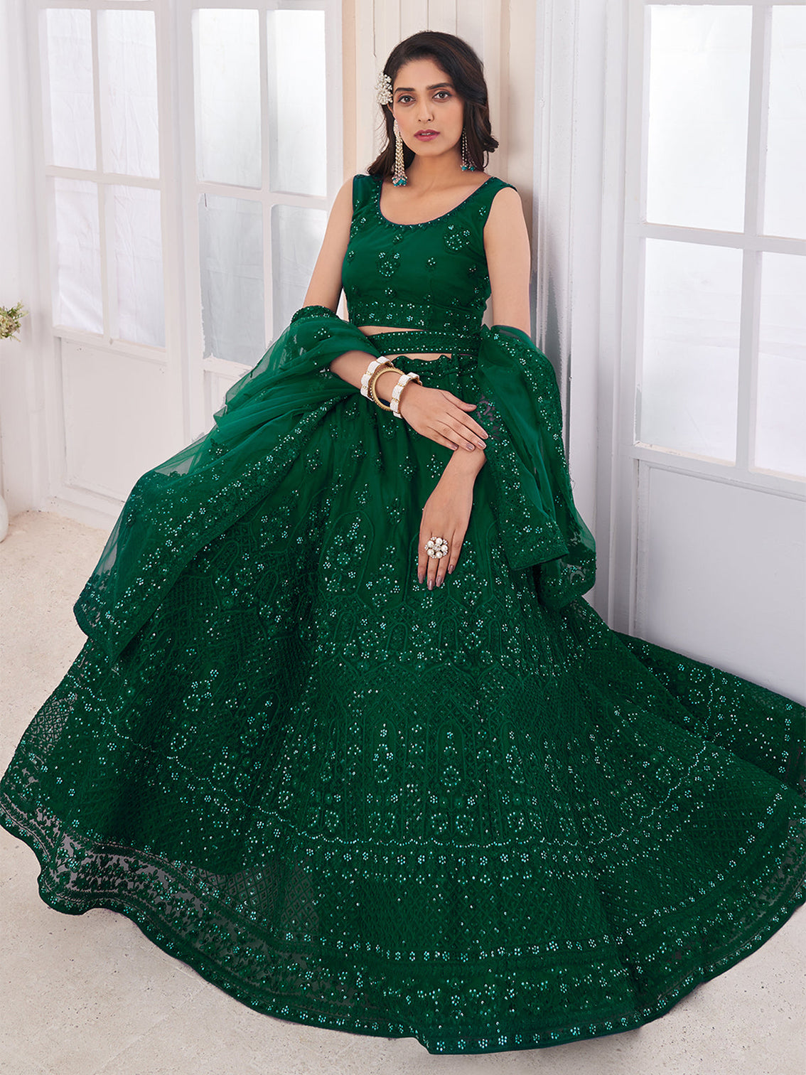 Green Soft Net Embroidered Semi Stitched Lehenga Choli