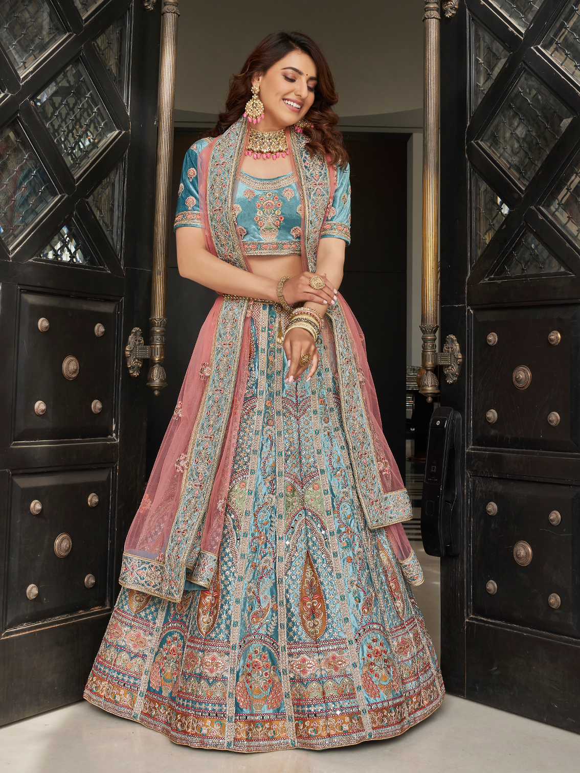 Sky Blue Velvet Semi Stitched Lehenga With Unstitched Blouse