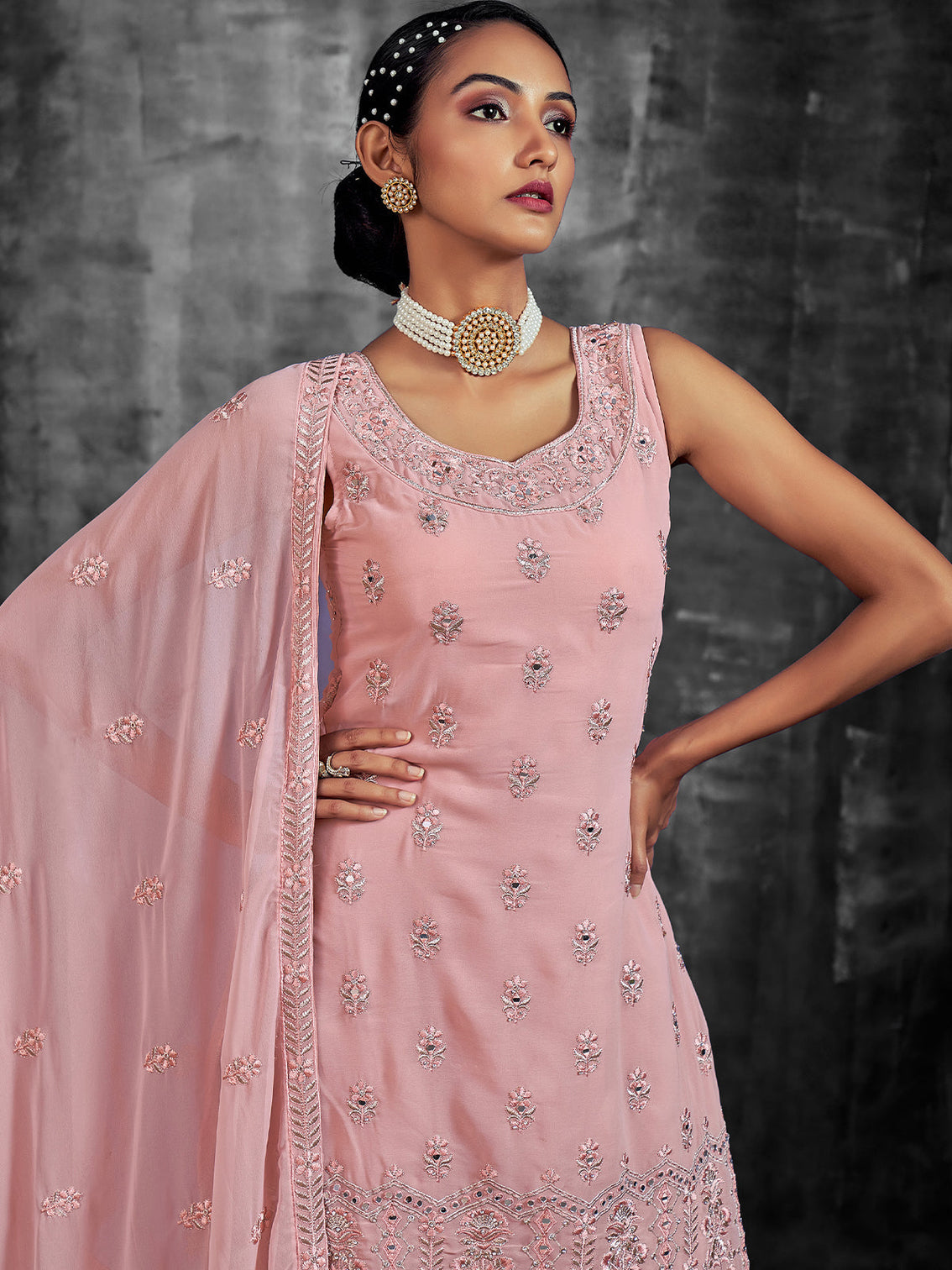 Beautiful Embroidered Pink Georgette Semi Stitched Kurta Set