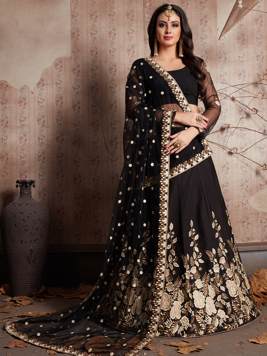 Black Embroidered Semi Stitched Lehenga With Unstitched Blouse