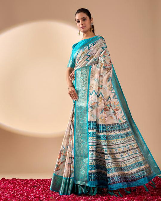 Women's White & Turquoise Linen Silk Printed Saree with Aqua Zari Border & Designer Ethnic Pallu