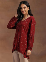 Libas Maroon Woven Design Viscose Rayon A-line Kurti