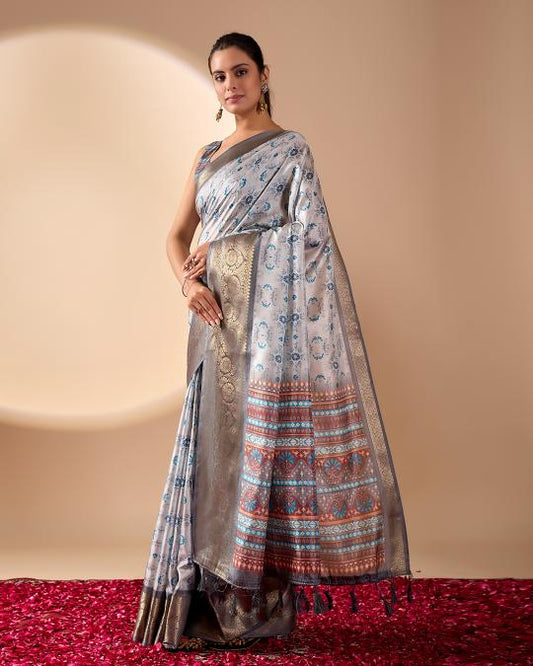 Premium Soft Silk Floral Printed Saree with Rich Silver Zari Woven Border