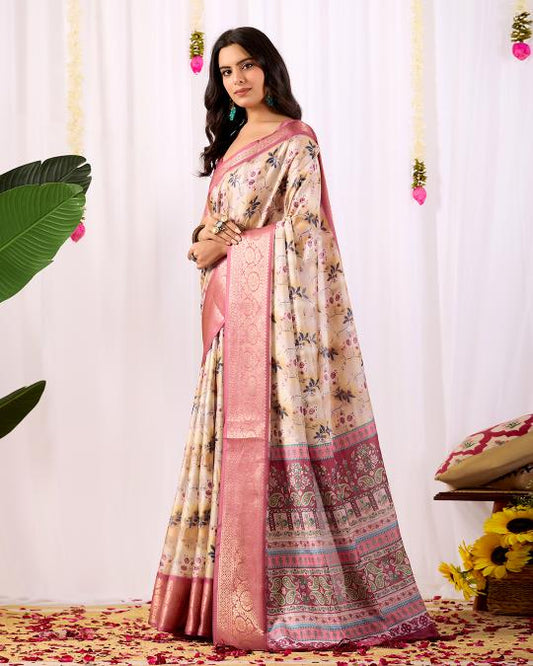 Premium Soft Silk Floral Printed Saree with Rich Pink Zari Woven Border
