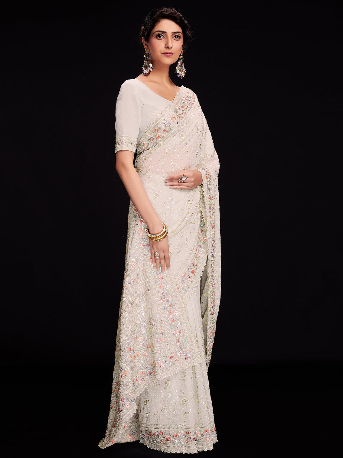 White Georgette Embroidered Saree With Unstitched Blouse