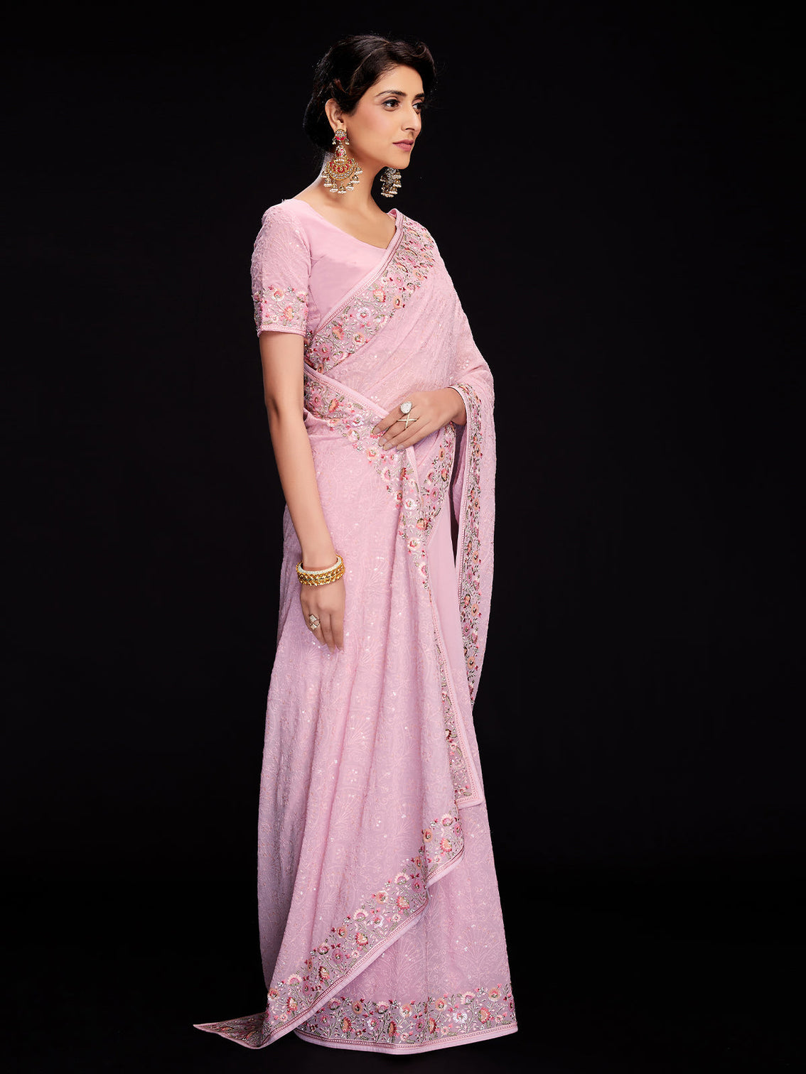 Pink Georgette Embroidered Saree With Unstitched Blouse