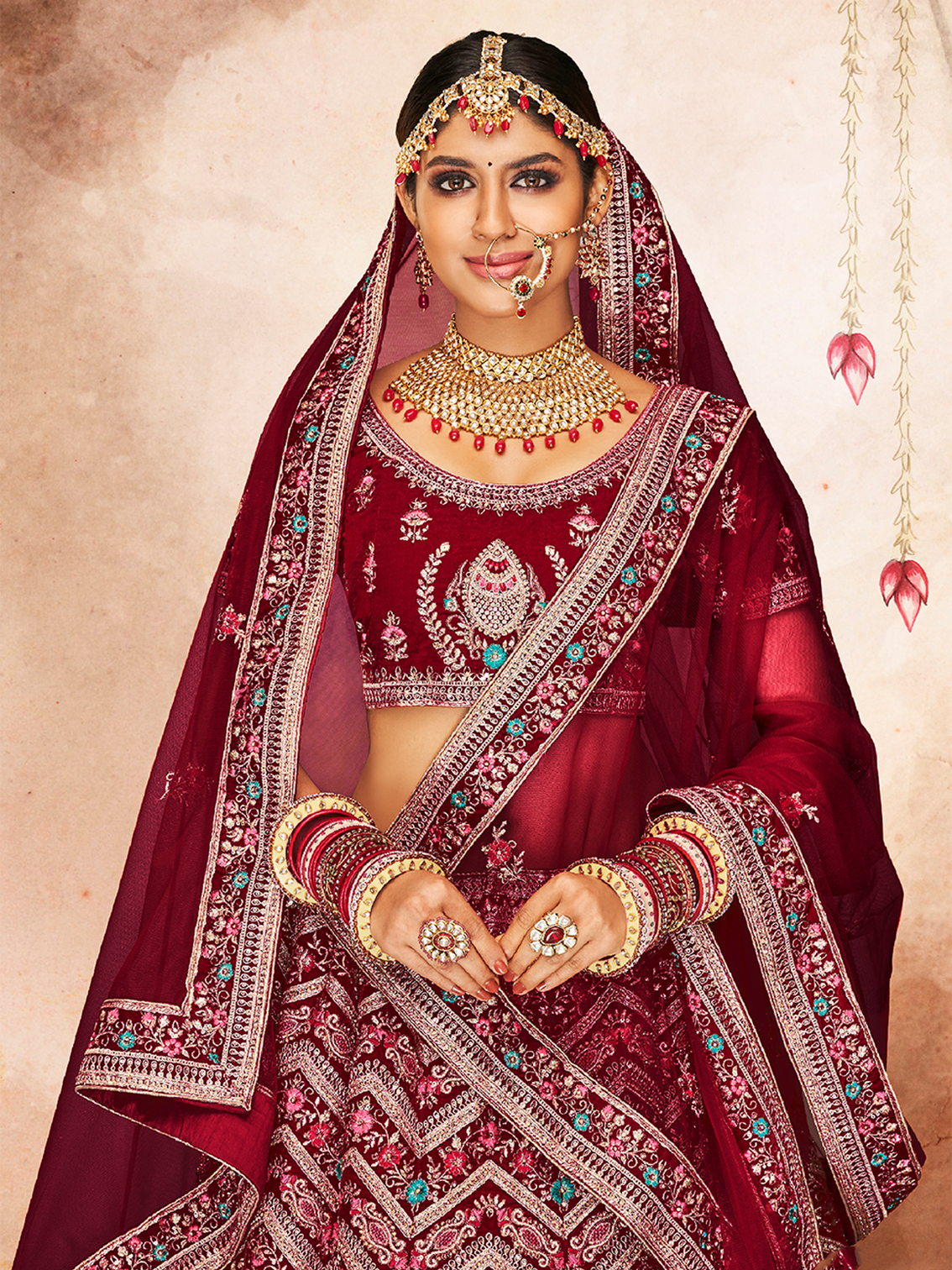 Maroon Embroidered Semi Stitched Lehenga With Unstitched Blouse