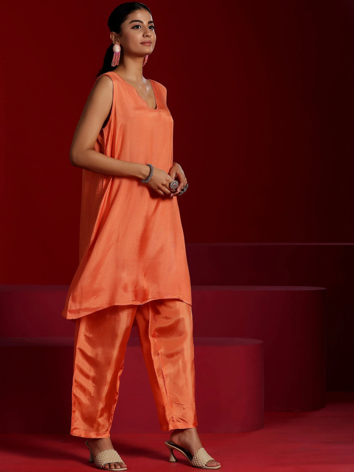 Mameraa Art Orange Printed Poly Georgette 3 Piece Co-Ords