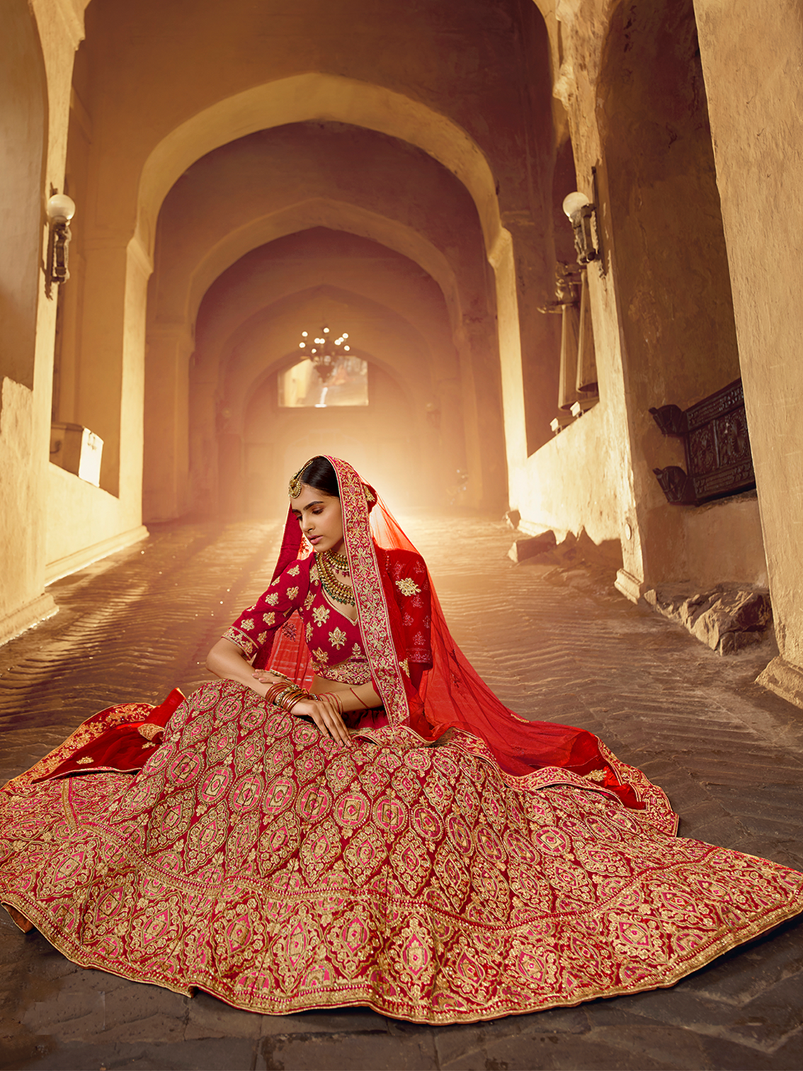 Red Velvet Semi Stitched Lehenga With Unstitched Blouse