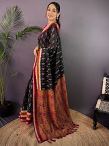 Black Pure Cotton Viscose Ikkat Print Saree