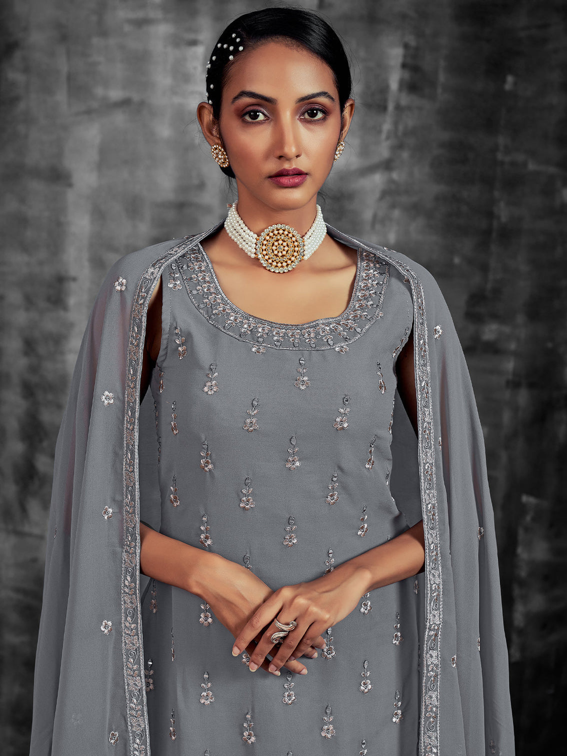 Grey Embroidered Partywear  Stitched Kurtaset