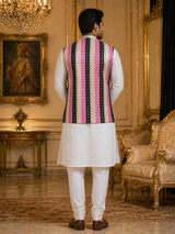 Multicolor Striped - Men's Silk Blend Sleeveless Striped Design Nehru Jacket