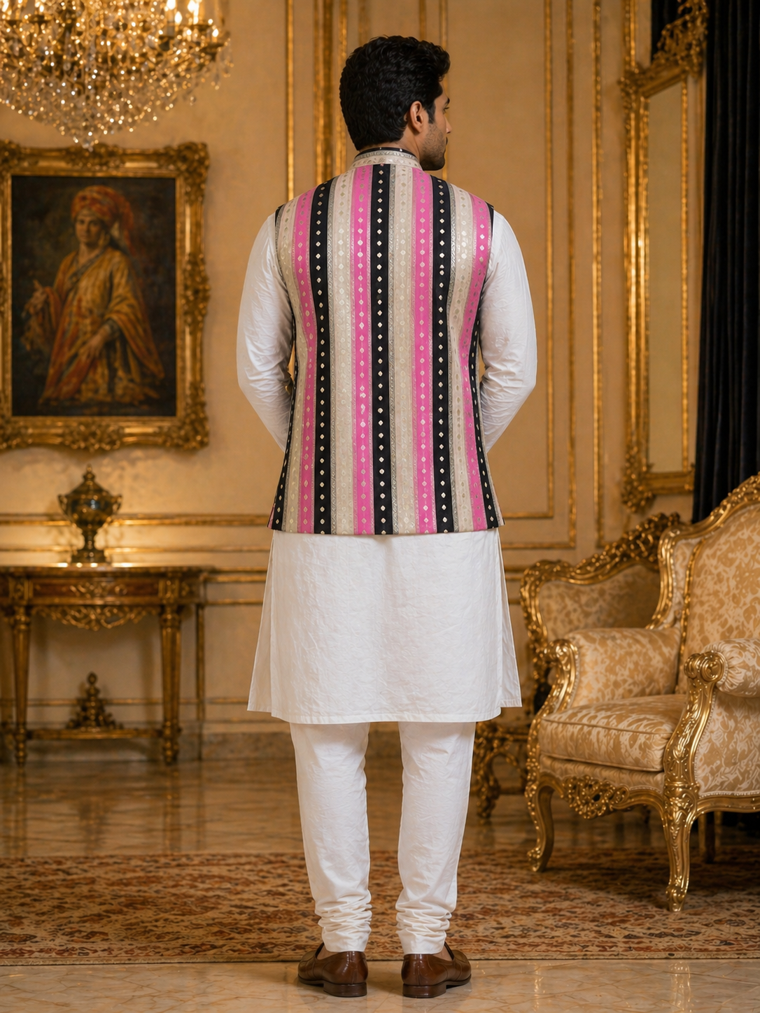 Multicolor Striped - Men's Silk Blend Sleeveless Striped Design Nehru Jacket