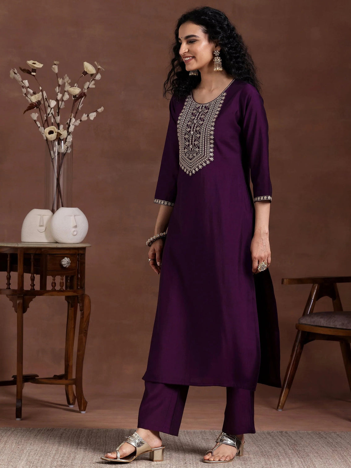 Mameraa Wine Yoke Design Silk Blend Straight Suit With Dupatta