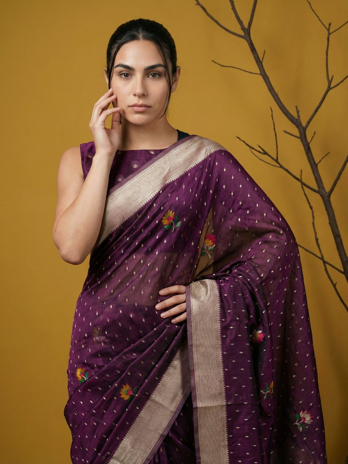 Wine party wear soft organza saree with meenakari weaving jamdani pallu