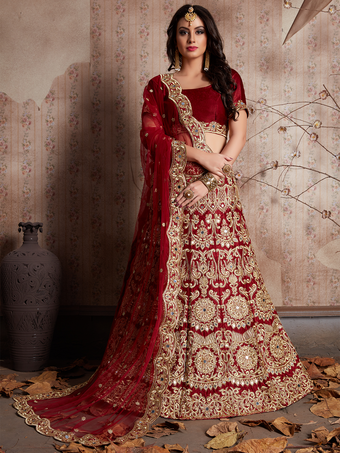 Maroon Embroidered Semi Stitched Lehenga With Unstitched Blouse