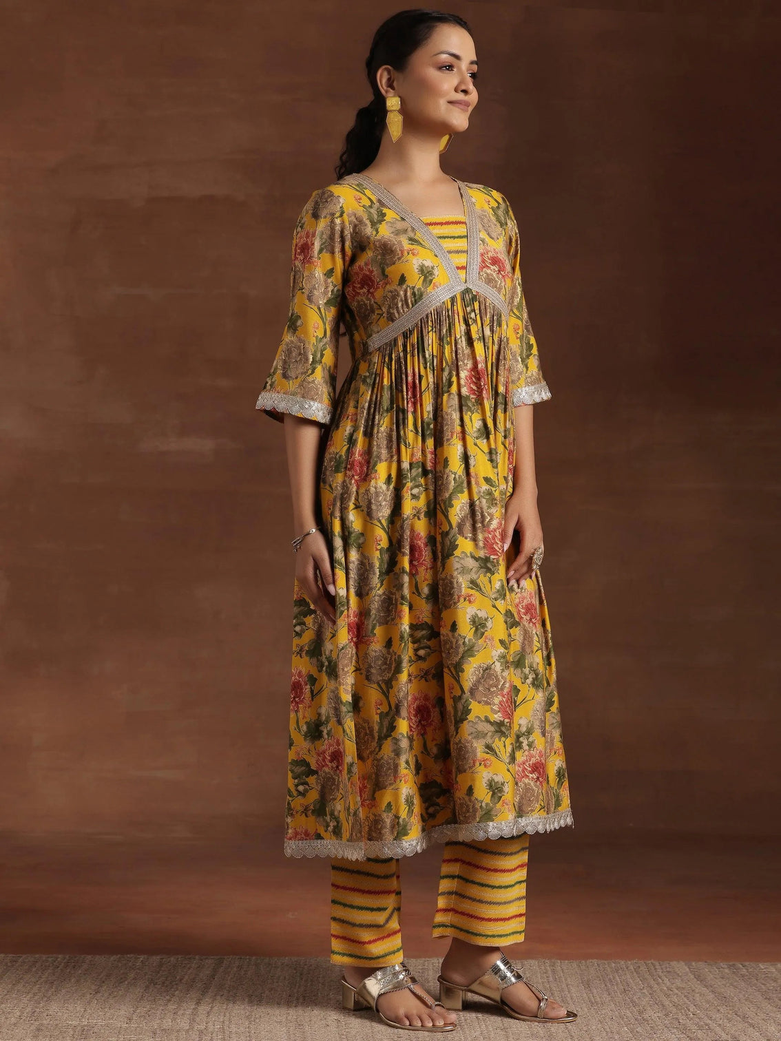Mameraa Yellow Printed A-Line Kurta With Trousers & Dupatta