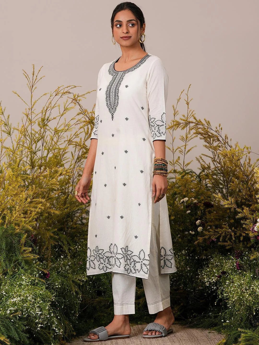 Libas Off White Woven Design Cotton Straight Suit With Dupatta