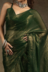 Forest Green Ready-to-Wear Chiffon Saree in Minimal Solid Pattern for a Classy Vibe