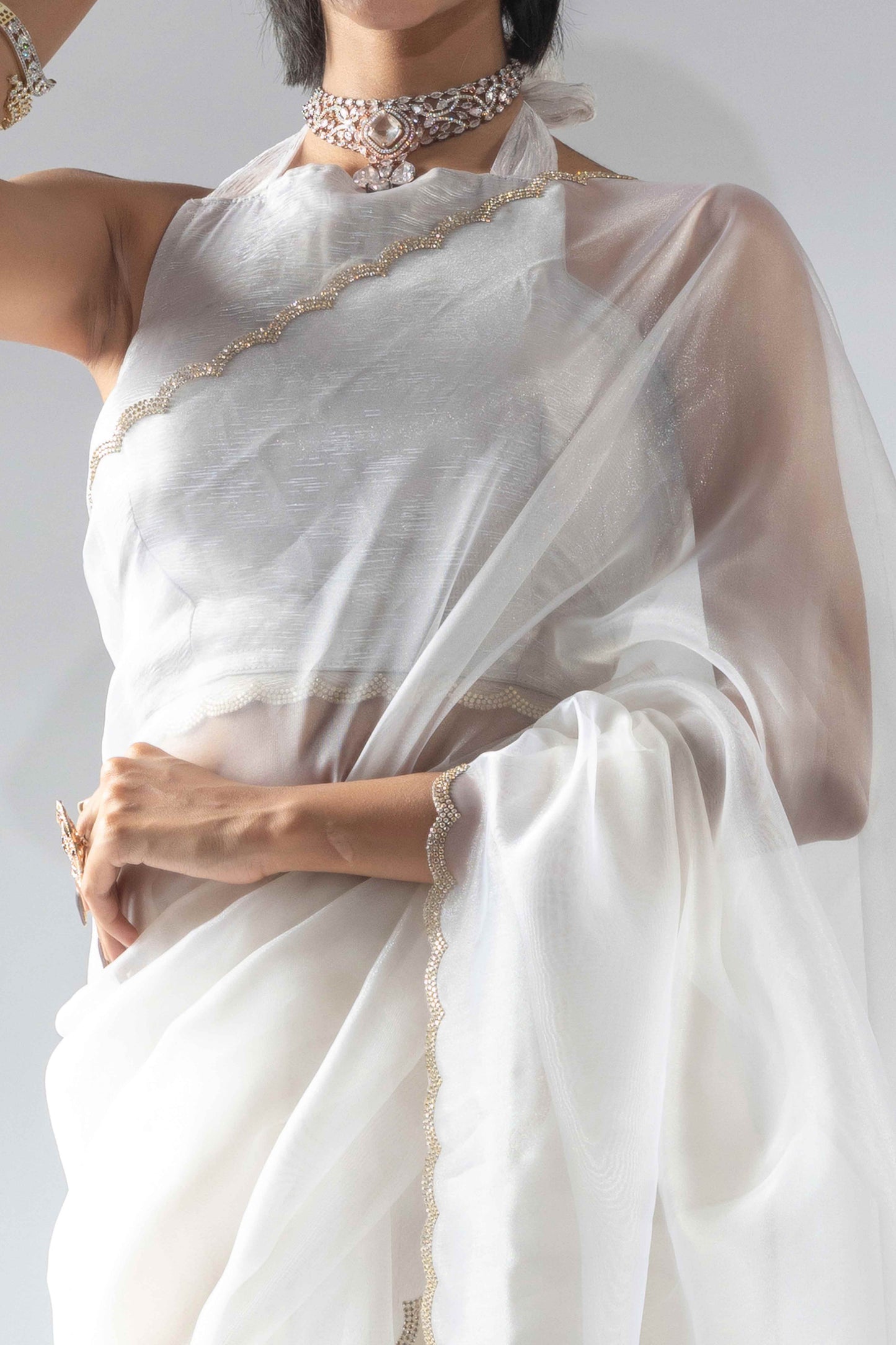 White Solid With Intricate Zarkan Border Organza Ready To Wear Saree