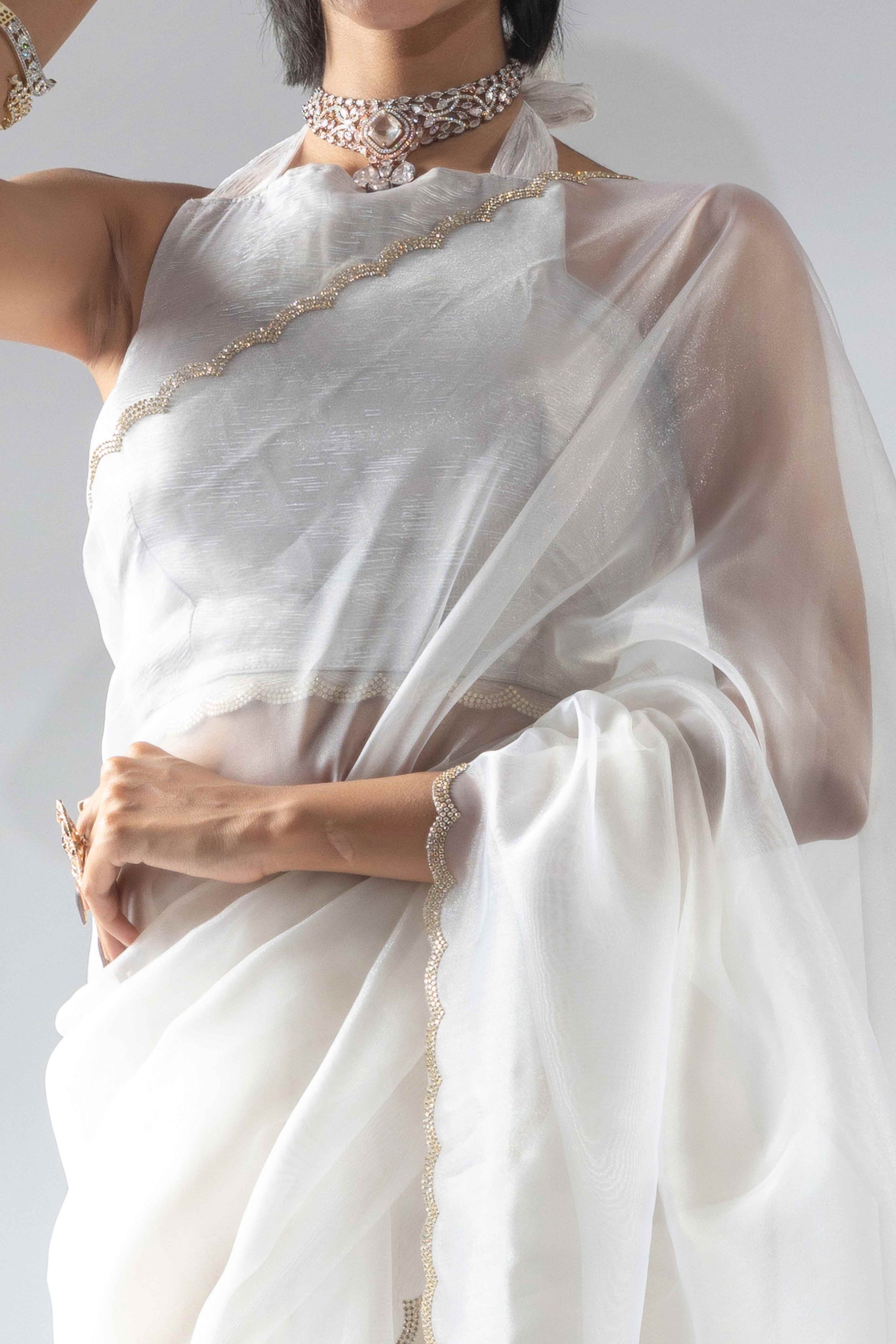 White Solid With Intricate Zarkan Border Organza Ready To Wear Saree