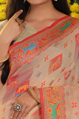 Offwhite Linen Cotton Saree Adorned With Floral Zari Weaving & Tassel Pallu