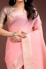 Pink Cotton Silk Saree with Solid Zari Woven Accent and Tassels