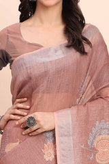Brown Linen Cotton Saree Featuring Floral Prints & Woven Border