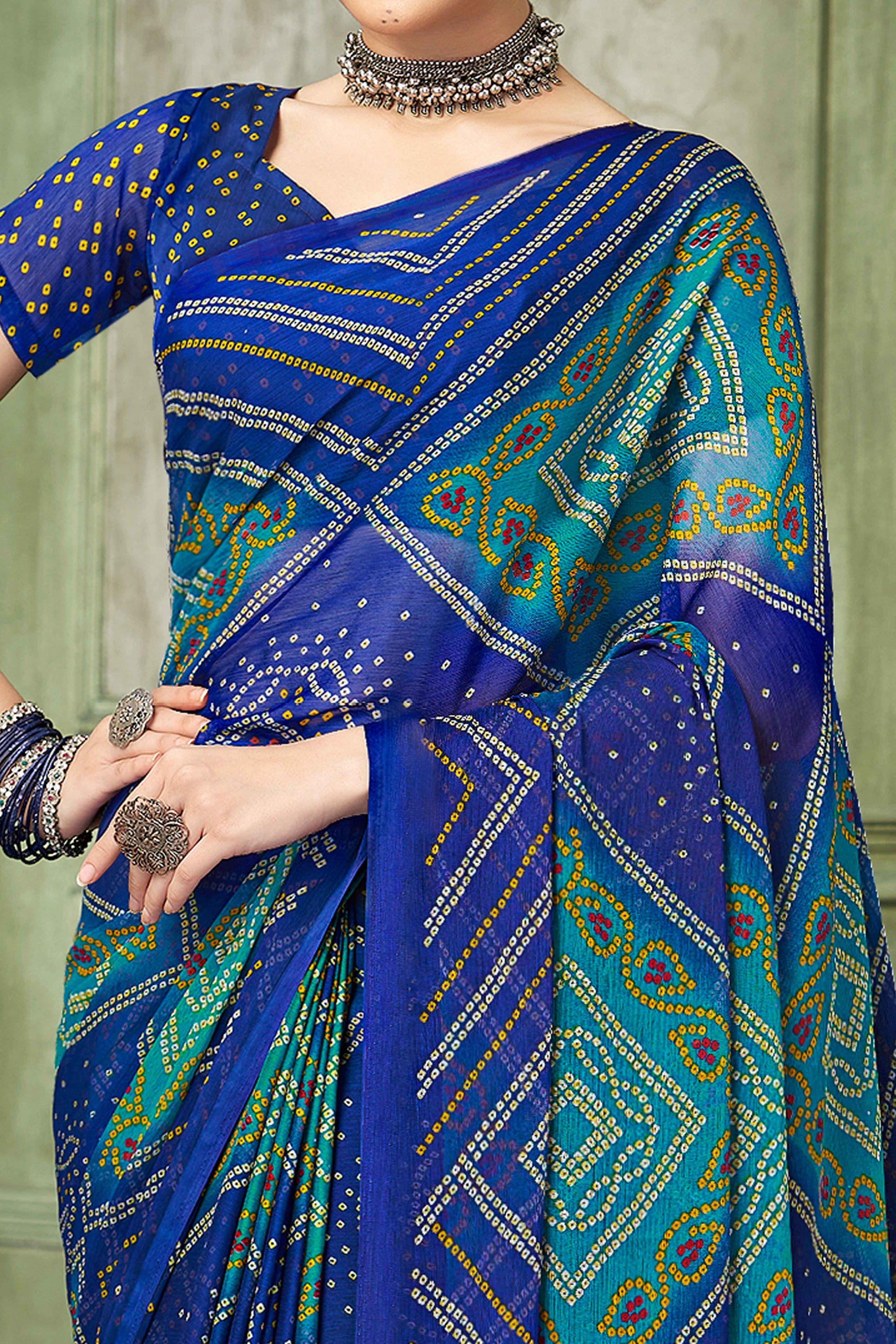 Blue Chiffon Saree Adorned With Traditional Bandhani Print